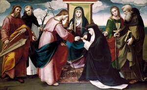 Las bodas místicas de Santa Catalina de Siena con Cristo, y los santos Juan Bautista, Antonio Abate, Domingo, el rey David y la Virgen María, c. 1517 (óleo sobre tabla) de Bartolomeo called Bagnacavallo Ramenghi