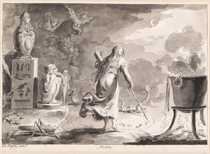 Medea. Una mujer de espaldas, entre reptiles, seres mitad bestia, un caldero de bruja y estatuas de dioses egipcios, escribe runas mágicas en un círculo en el suelo por la noche de Bartolomeo d