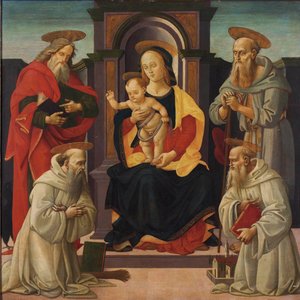 La Virgen y el Niño entronizados con los santos Juan Evangelista y Jerónimo, y dos santos benedictinos