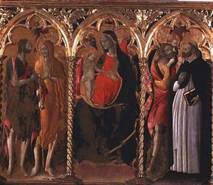 Tríptico: Madonna y Niño (panel central) con San Juan Bautista, Santa María Magdalena, San Cristóbal y San Domingo de Bartolomeo di Tommaso da Foligno