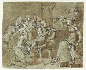 Un santo varón es lavado y cuidado por ángeles, mientras escucha a una santa mujer que se sienta frente a un atril y señala hacia arriba. ¿San Sebastián con Santa Irene? de Bartolommeo Letterini