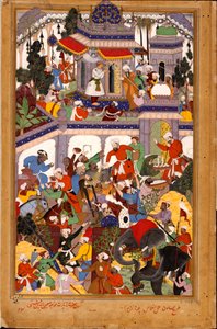 Akbar visita el santuario de Khwajah Muin ad-Din Chishti en Ajmer de Basawan