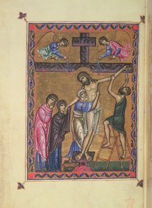 El Descendimiento de la Cruz, fol. 8b de MS Egerton 1139, el Salterio de la Reina Melisenda, Jerusalén de Basilius Basilius
