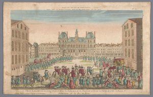 Vista del Ayuntamiento de París con una procesión para proclamar la paz Publicacion de la paz en Paris (título sobre objeto) de Basset