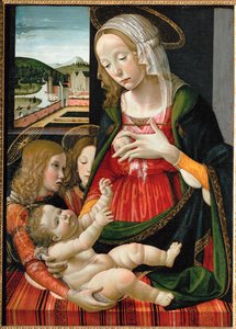 Virgen amamantando al niño Jesús, rodeada de ángeles ... (pintura sobre madera)