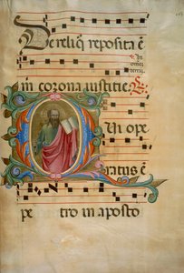 Inicial iluminada con la figura de San Pablo (Corale 8, c. 163), para el libro de coro 8 de Santa Maria degli Angeli