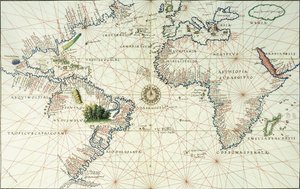 Un mapa de doble página del Océano Atlántico, mostrando la costa este de América del Norte y del Sur, 1544