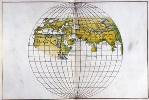 Eger. 2854. f.14v-15 Mapa hemisférico del viejo mundo, desde Europa y África hasta la India; mostrando las divisiones de Ptolomeo, c.1540 (vitela) de Battista Agnese