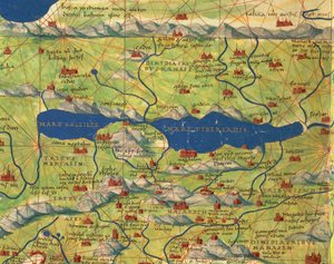 Tierra Santa, Israel y Palestina: Mar de Galilea y ciudad de Tiberíades, del Atlas del Mundo en treinta y tres Mapas de Battista Agnese