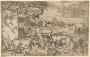 Paisaje con ganado de Battista Angolo del Moro