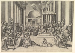 Constantino presentando la ciudad de Roma a la Santa Sede, a la derecha, muchos espectadores..., ca. 1530-61 de Battista Franco Veneziano
