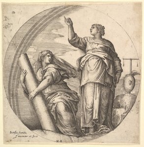Fortaleza y Justicia, una composición alegórica en formato redondo, con Fortaleza g..., ca. 1530-61