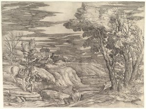 Paisaje con un jinete y su mozo de cuadra, ca. 1552-61 de Battista Franco Veneziano
