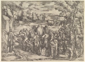 Moisés Sacando Agua de la Roca, a la izquierda con agua fluyendo, varias figuras y... de Battista Franco Veneziano