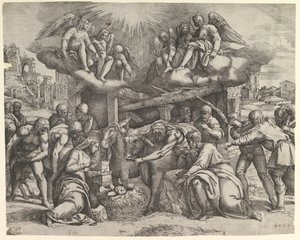 La adoración de los pastores con ángeles arriba, ca. 1530-61