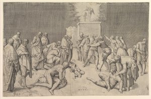 Los filisteos colocan el Arca de la Alianza en el Templo de Dagón, ca. 1540