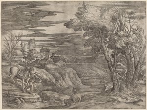 Paisaje con un hombre guiando un caballo de Battista Franco after Titian