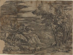 Paisaje con un Hombre Guiando un Caballo de Battista Franco, after Titian