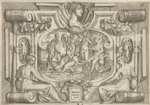 Un hombre y una mujer ofreciendo una bandeja de monedas a un rey sentado en un trono, ca. 1540-80 de Battista del Moro