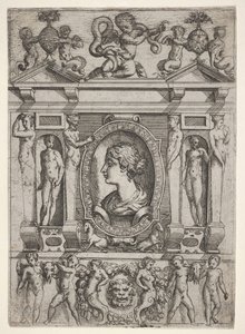 Busto de una mujer de perfil mirando a la izquierda, enmarcado en un marco elaborado con figuras, ca. 1540-80 de Battista del Moro