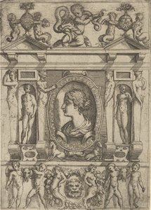 Busto de una mujer de perfil mirando a la izquierda, enmarcado en un marco elaborado con figuras, ca. 1540-80 de Battista del Moro