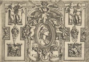 Busto de una mujer de perfil mirando a la derecha, dentro de un marco elaborado con putti de Battista del Moro