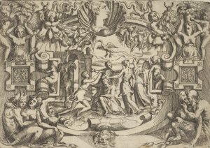 Cuatro mujeres rodeando una figura sentada, un pájaro sobre ellas, dentro de un elaborado..., ca. 1540-80 de Battista del Moro