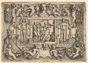 La sibila de Cumas caminando hacia la derecha y llevando una bandeja, seguida por tres mujeres, ca. 1540-80 de Battista del Moro