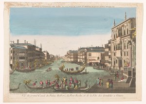 Vista del Canal Grande con góndolas, el Palacio Balbori y el Puente Rialto en Venecia
El Gran Canal, el Palacio de Balbori, el Puente de Rialto y la fiesta de las góndolas en Venecia (título en el objeto)