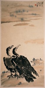 Dos cormoranes (pergamino colgado y color sobre papel) de Beihong Xu