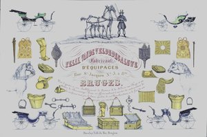 Anuncio de Felix Van de Velde-Decaluwe, fabricantes de coches de caballos, Brujas, Bélgica (litografía en color) de Belgian School