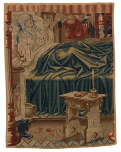 Beatrix Soetkens en la cama, de la primera escena del primer tapiz de un conjunto de cuatro que representan la "Leyenda de Nuestra Señora de Sablon", realizado en Bruselas, Bélgica. de Belgian School