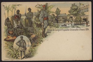 Aldea congoleña exhibida en la Exposición Internacional de Amberes, Bélgica, 1894 de Belgian School