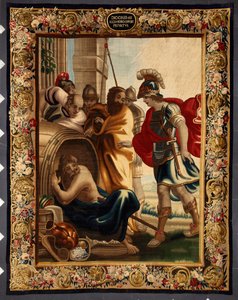 Diogene y Alejandro: encuentro entre el filósofo griego Diogene de Sinope (413-327 a.C.) en su barril y el rey Alejandro Magno (356-323 a.C.) en Corinto. Cuando el conquistador le preguntó qué quería, Diogene respondió: "Quitarme un poco el sol". Toque de Belgian School