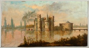 Segunda sala al fondo, sala de reuniones, murales con escenas rurales en estilo clásico, probablemente de hacia 1810, escena 4 de Belgian School
