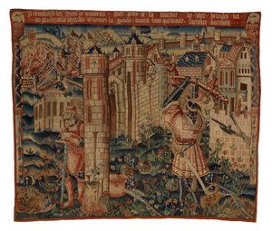 Tapiz, Hércules a las puertas de la ciudad de Prycus, o Hércules asaltando una ciudad, posiblemente de Tournai (lana y seda) de Belgian School