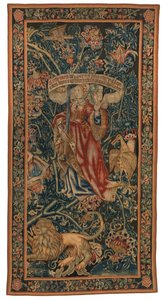 Tapiz, Sibylla Europa (uno del conjunto de seis Sibilas que comprende 46.134 a 45.139) llamado "Los tapices de Rothamsted". Fabricado en Flandes, Tournai o Bruselas, Bélgica, c.1530 (lana)