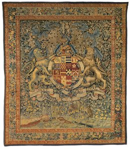 Tapiz de Verdura con las Armas de Robert Dudley, Conde de Leicester (uno de un par con 47.1), hecho en Flandes, Bélgica, hacia 1570-85 (lana y seda) de Belgian School