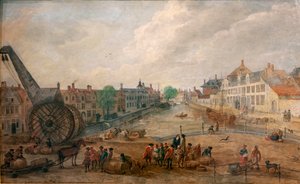 Vista de Gante Lievekaai y Augustijnenkaai con una grúa de madera, copia de un cuadro del siglo XVIII de Engelbert van Siclers de Belgian School