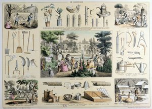 Representación educativa de jardinería, con ilustraciones de herramientas de jardín y escenas que muestran las actividades apropiadas para cada estación (grabado en color) de Belin and Bethmont