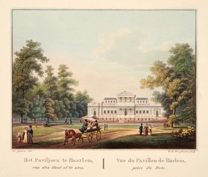 Het Paviljoen te Jaarlem, van den Hout af te zien. Vue du Pavillon de Harlem, prise du Bois, 1825 (grabado coloreado a mano) de Bendrik Greeven