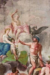 Representación alegórica del Olimpo con Júpiter, Ceres y Vulcano, detalle de la Apoteosis del trabajo, la agricultura, las artes y las ciencias (fresco) de Benedetto Cotarti