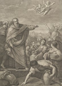 Moisés a la izquierda con los israelitas que recogen maná mientras cae del cielo, dos ángeles ab..., 1776 de Benedetto Eredi