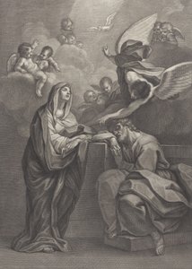 Placa 6: El sueño de San José, con la Virgen María a la izquierda y un ángel arriba que señala..., 1777 de Benedetto Eredi
