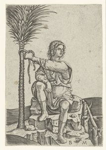 hombre que sienta, por, palmera