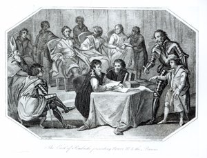 El Conde de Pembroke Presentando a Enrique III (1207-72) a los Barones, 1216 grabado por Saunders de Benezach