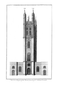 La perspectiva oeste de la iglesia parroquial de San Miguel Cornhill, c. 1756