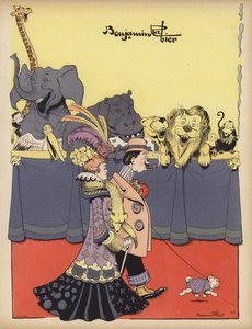 Animales riéndose de una pareja que visita el zoo (litografía en color) de Benjamin Rabier