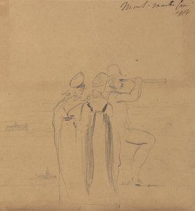 Estudio de un hombre que mira a través de un telescopio, acompañado por dos mujeres de Benjamin Robert Haydon