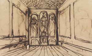 Estudio de una habitación interior con imágenes religiosas en los paneles murales de Benjamin Robert Haydon